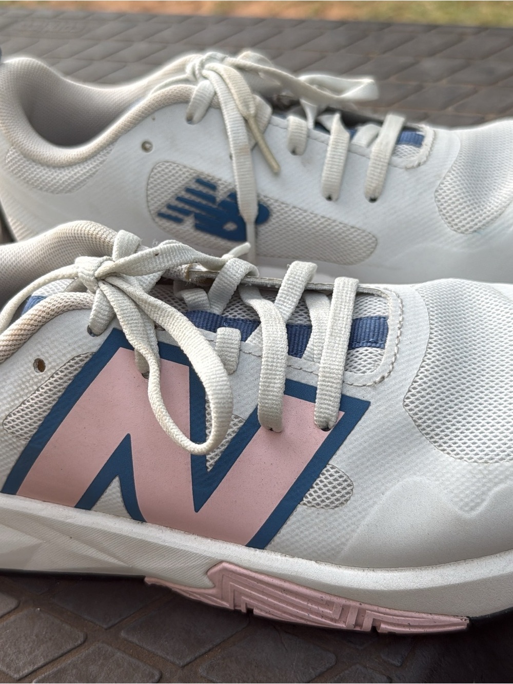 New Balance White Sneakers with Pink N and Navy Trim